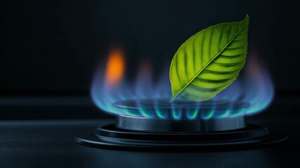 A single leaf hovering over a blue flame on a gas stove, symbolizing green energy