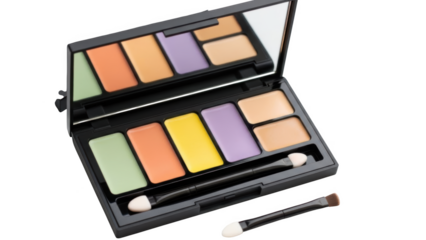 Open makeup palette with multiple color corrector shades and applicators on black background concealer