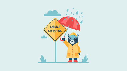 Fototapeta premium Raccoon In Yellow Raincoat With Umbrella Near Animal Crossing Sign Illustration