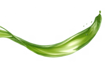 Dynamic green liquid splash creating a wave with drops, flowing organic element for refreshment concepts on transparent