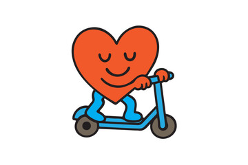 Cute Heart Riding Scooter Happy valentine day Cartoon Line Art Illustration on white background.