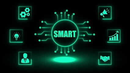 Naklejka premium Glowing green circuit board with word S M A R T and surrounding icons for business and technology on black background