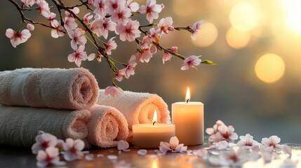 Spa composition with soft towels and flowers. Relaxation. Spa concept