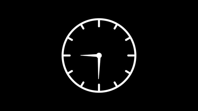 Simple dark background analog clock animation with white outline representing punctuality night shifts and daily routine planning for high quality cinematic media.

