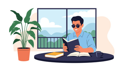 Fototapeta premium Happy man wearing sunglasses, sitting at a table and reading a book with a beautiful view from the window, enjoying a relaxing hobby.