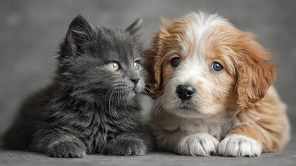 Obraz premium Charming cat and dog sitting together in harmony with a focus on cat mediating between the two pets