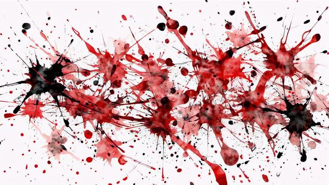 Abstract artwork features dynamic splatters of red and black against a white background, creating an emotive visual impact