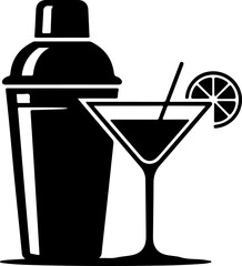 Cocktail Shaker and Martini Glass with Lime silhouette vector illustration