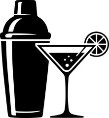 Cocktail Shaker and Martini Glass with Lime silhouette vector illustration