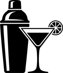 Cocktail Shaker and Martini Glass with Lime silhouette vector illustration