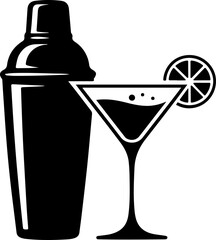Cocktail Shaker and Martini Glass with Lime silhouette vector illustration