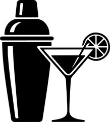 Cocktail Shaker and Martini Glass with Lime silhouette vector illustration