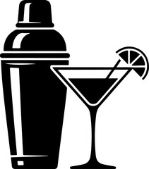 Cocktail Shaker and Martini Glass with Lime silhouette vector illustration