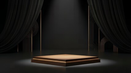 A dramatic dark stage with a spotlight shining on a raised platform