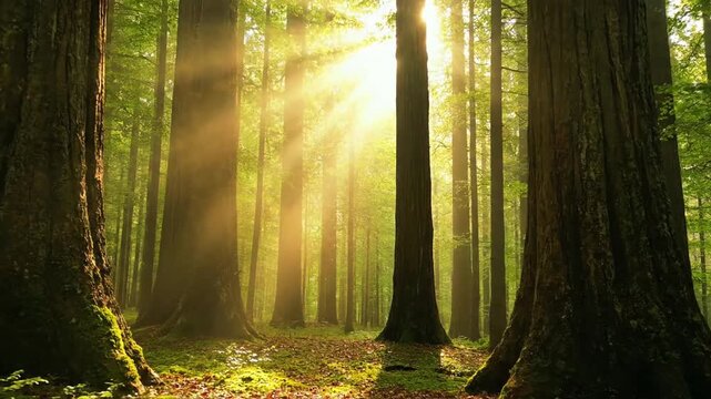 Sunlight filtering through trees in a serene forest landscape viewed from a forest floor perspective