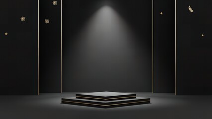 A dark room with a spotlight shining on a black platform