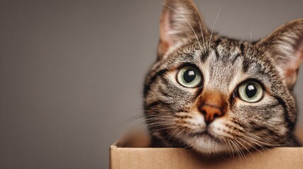 Cat curiously peeking out of a box with an intrigued expression demonstrating its playful nature and adventurous spirit
