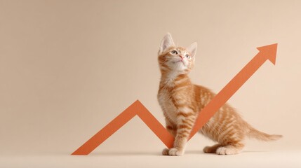 Confident cat standing on a bold red arrow, embodying determination and direction in a motivational environment