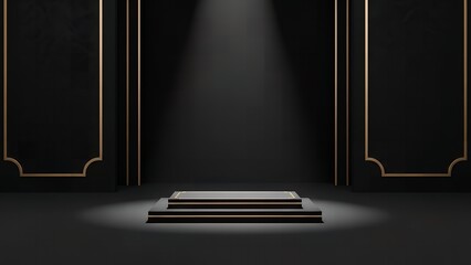 Dark room with spotlight on empty black stage platform