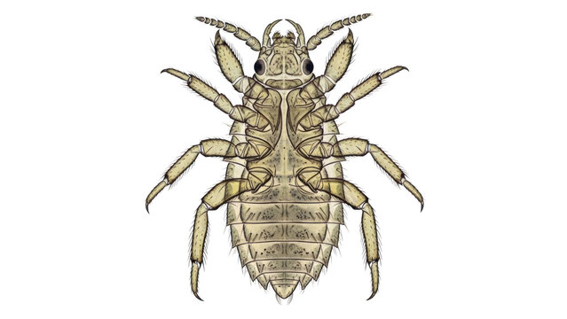 Ventral view illustration of a crab louse with detailed segmented legs and body pediculosis parasite
