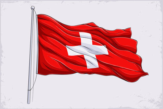 Hand drawn waving Switzerland national flag illustration with white cross centered on red field, dynamic Swiss banner on light background