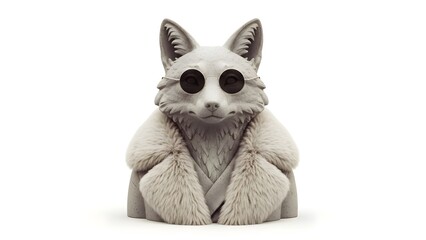 Cuddly gray fox sculpture with sunglasses on white background