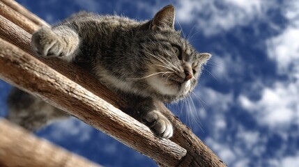 Cat sitting calmly on a ladder, representing a stage of growth and reflection in its personal journey