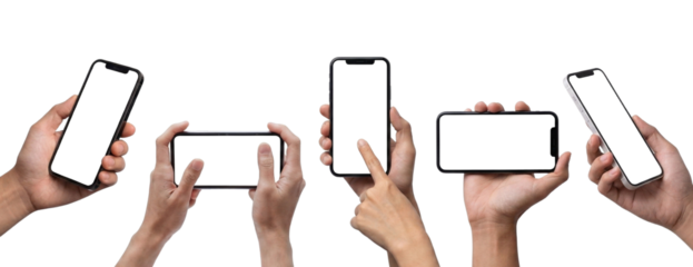 Hands holding smartphones with transparent blank screen mockup set