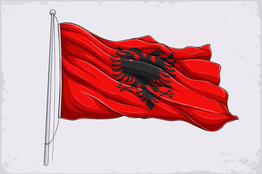 Hand drawn waving Albania national flag illustration with black double-headed eagle (shqiponja) centered on red field, Skanderbeg banner