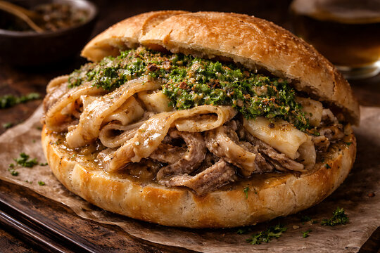 Lampredotto sandwich, Florence street food, rustic style