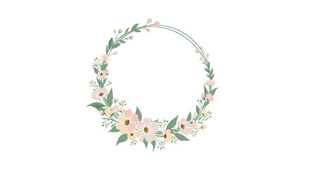 Obraz premium Elegant floral wreath composed of delicate pastel pink and yellow blossoms with green leaves forms a perfect circle on a plain white space.