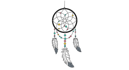 Intricate dreamcatcher design with a black circular frame, colorful beads, and three soft feathers hanging below.