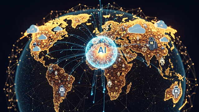 Worldwide Digital Network Driven by Artificial Intelligence, Connecting Data, Cloud Computing, and Smart Technologies for Global Advancement and Innovation
