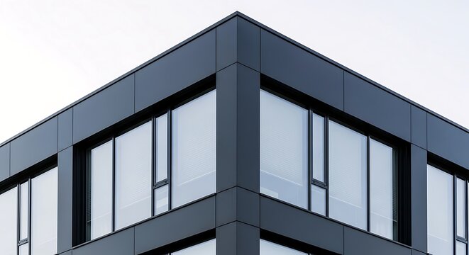 A sharp, low-angle shot of a contemporary building's exterior corner featuring dark matte cladding and large glass windows reflecting a bright sky.