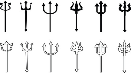Trident Flat Line Style Vector Icon Set, Mythology Weapon Symbol Collection and Ancient Outline Graphic Group Featuring Trishul, Spear and Fork Emblem Designs © AbdulJabbar