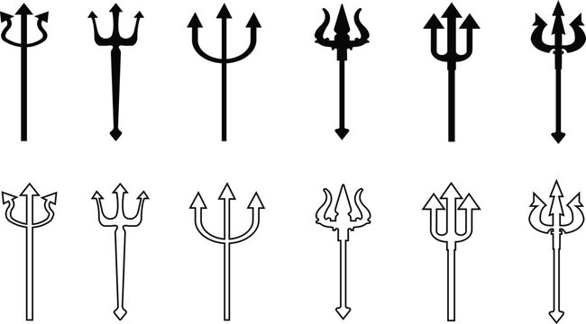 Trident Flat Line Style Vector Icon Set, Mythology Weapon Symbol Collection and Ancient Outline Graphic Group Featuring Trishul, Spear and Fork Emblem Designs