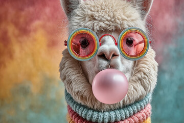 Obraz premium Whimsical Llama with Bubblegum: A charming llama sports playful sunglasses, blowing a perfect bubblegum bubble against a backdrop of colorful hues. Capturing a lighthearted moment of joy and whimsy.