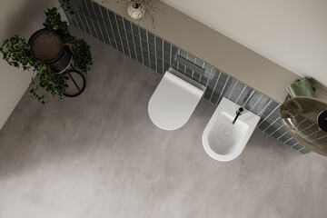 Top view of bathroom with toilet and bidet, beautiful concrete floor in minimalist bathroom. 3d Rendering