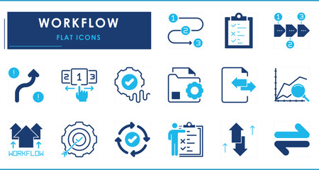 A set of flat icons related to Workflow. Flow, process, work, efficient, target, selection, time, and so on.