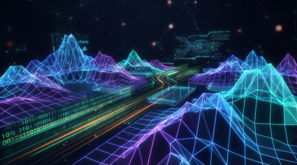 Futuristic data landscape neon grid digital mountain cyberpunk road virtual reality abstract background technology binary code glowing line