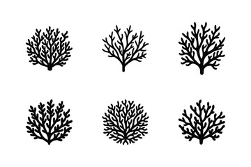 Set of Coral Reef Icons, Underwater Flora Silhouettes, Seaweed and Aquatic Plants