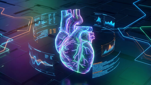 Futuristic heart hologram digital cardiology medical technology virtual anatomy neon light data visualization healthcare innovation heart monitor - Powered by Adobe