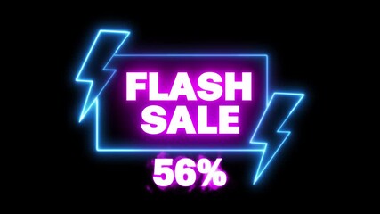 Neon Flash Sale 56% Off Promo Banner Animation, Glowing Discount Shopping Ad, 56 Percent Mega Sale Neon Banner,