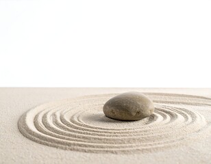 A single smooth stone rests in center of raked sand design