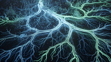 Abstract Bioluminescent Neural Network or Root System Under Microscopic View, Pulsating with Light