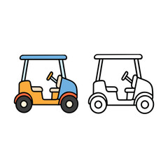 Simple golf cart illustration with a colored version and an outline version, clean and minimal style suitable for icons, stickers, sports graphics, kids content, and coloring pages. © Crazy Monday Studio