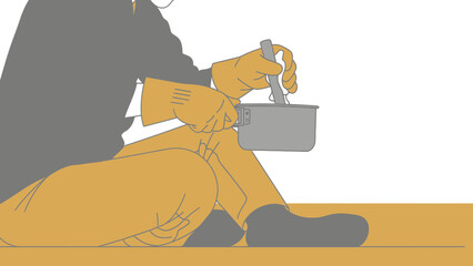 Person Preparing Food With Gloves Sitting Cross Legged In A Minimalist Style Illustration