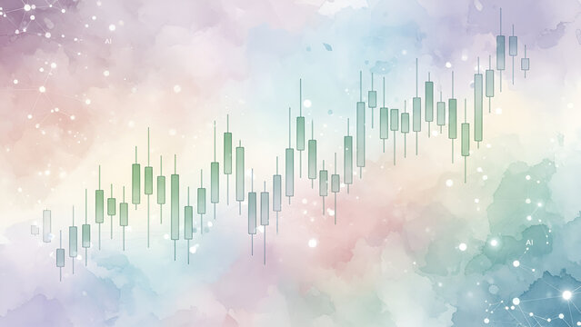 Abstract pastel watercolor background with stock market candlestick chart, symbolizing financial growth and market trends in a soft, dreamlike setting - Powered by Adobe