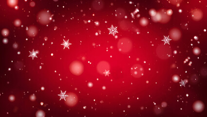 Festive red background adorned with falling snowflakes and sparkling bokeh lights