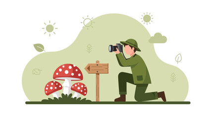 Fototapeta premium Photographer Capturing Pictures Of Wild Mushrooms In A Calm Outdoor Environment